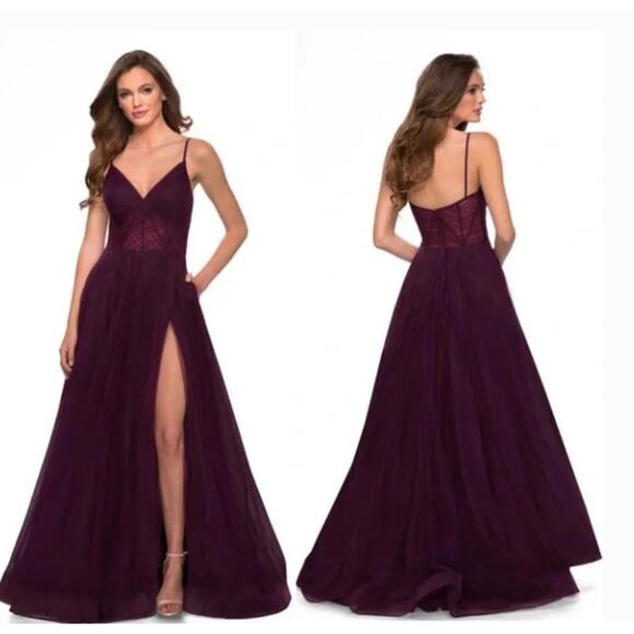 La Femme 29076 V-Neck Boned Bodice High Slit Illusion Tulle Ball Gown Size 00 - Picture 1 of 8